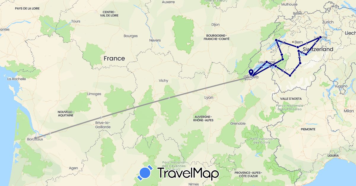 TravelMap itinerary: driving, plane in Switzerland, France (Europe)